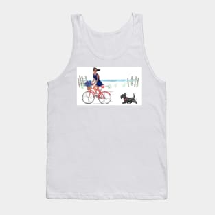 Girl on bike with Scottie dog riding on beach. Tank Top